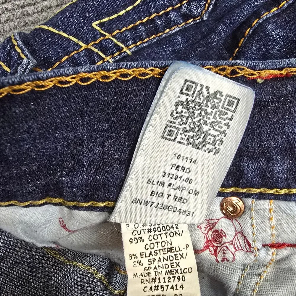 True Religion Jeans Mens 32x33 Slim Flap Big T Dark Wash Red Stitch Denim
